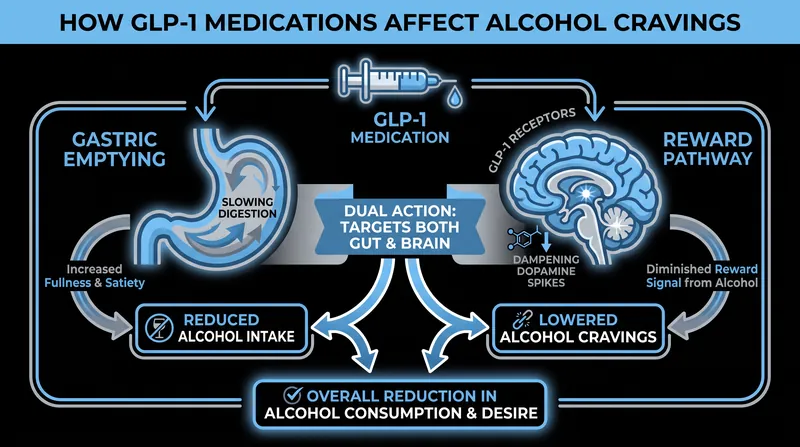 GLP-1s reduce alcohol intake through both physical fullness and neurological dampening of the reward system.