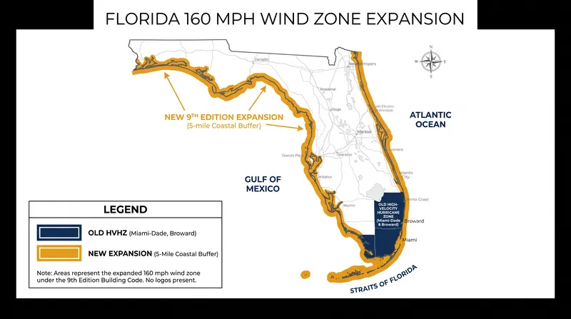 The 9th Edition Florida Building Code expands the 160 mph design wind speed requirement to all areas within five miles of tidal water.