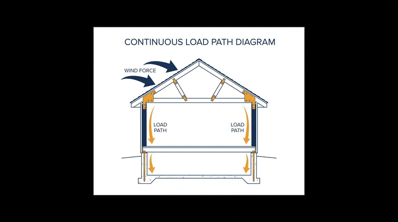 A continuous load path acts as a structural chain, transferring extreme wind forces from the roof safely into the ground.