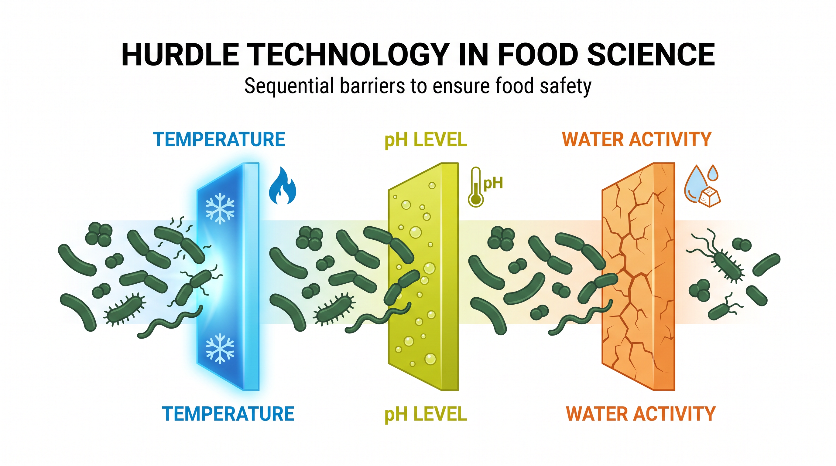 Food scientists use hurdle technology to create microscopic barriers that prevent bacterial survival.