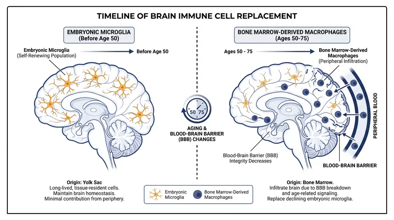 Between ages 50 and 75, bone marrow-derived cells cross the blood-brain barrier to replace embryonic microglia.
