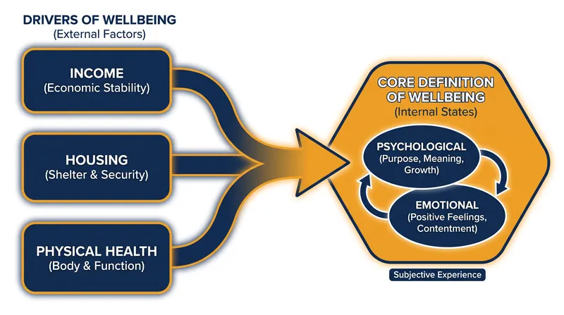 The study separates external drivers, like housing and income, from the internal psychological state of wellbeing.