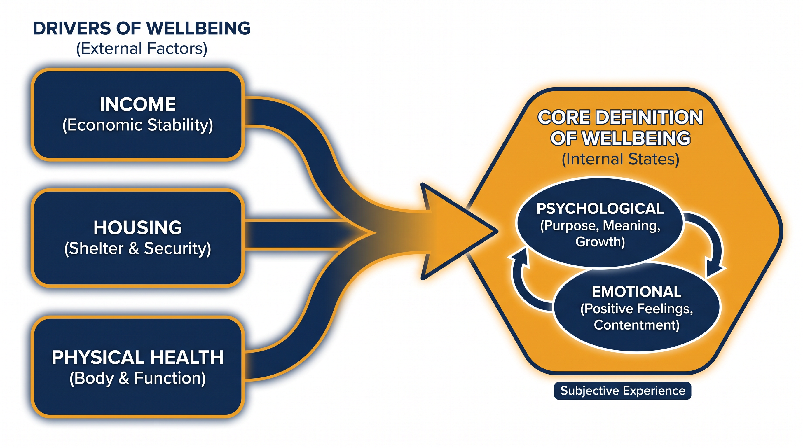 The study separates external drivers, like housing and income, from the internal psychological state of wellbeing.
