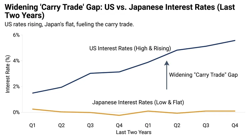 The massive interest rate gap between the U.S. and Japan is the primary driver of the yen's weakness.