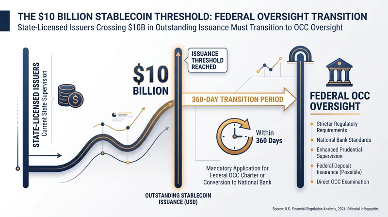 State-qualified issuers must transition to federal oversight once they exceed $10 billion in outstanding stablecoins.