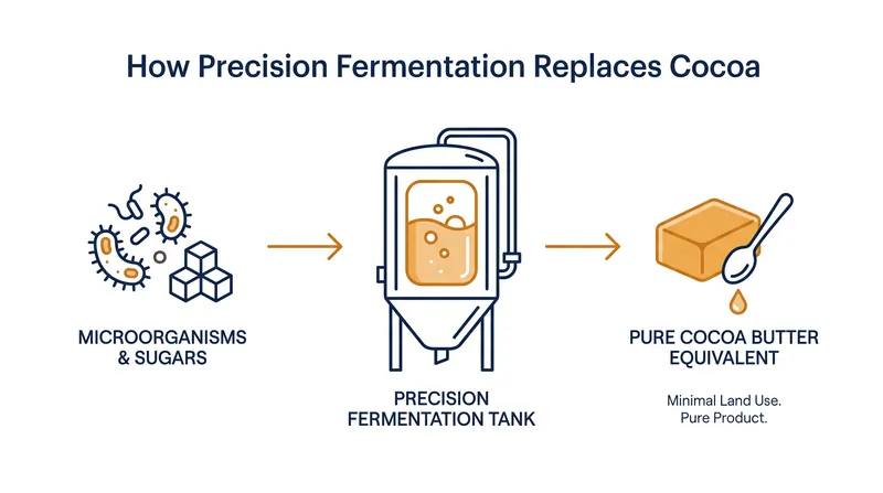 Precision fermentation uses engineered microbes to brew fats that are biologically identical to natural cocoa butter.