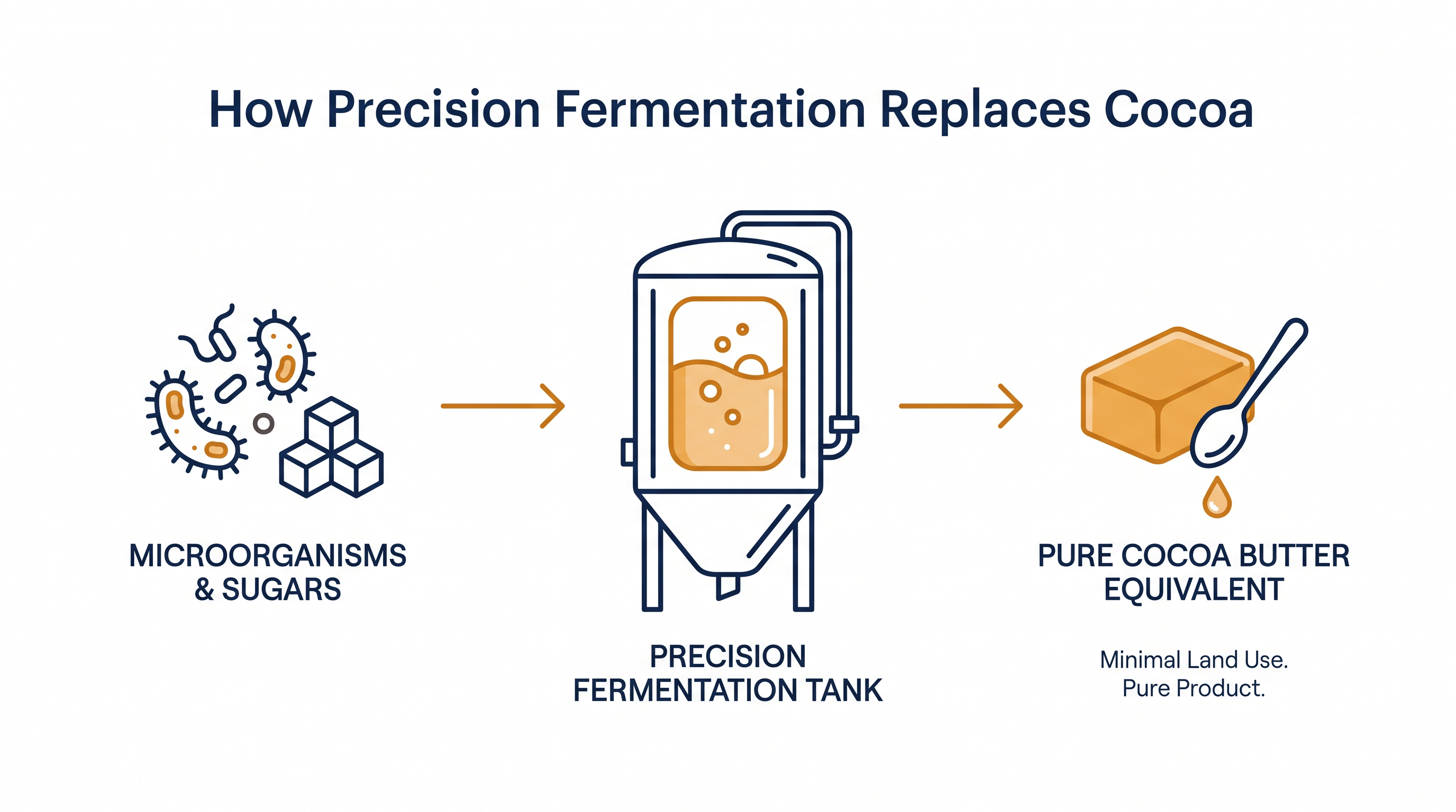 Precision fermentation uses engineered microbes to brew fats that are biologically identical to natural cocoa butter.