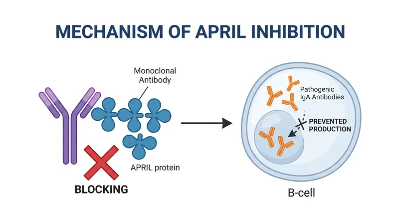 By neutralizing the APRIL signaling protein, sibeprenlimab stops the production of harmful IgA antibodies at their source.