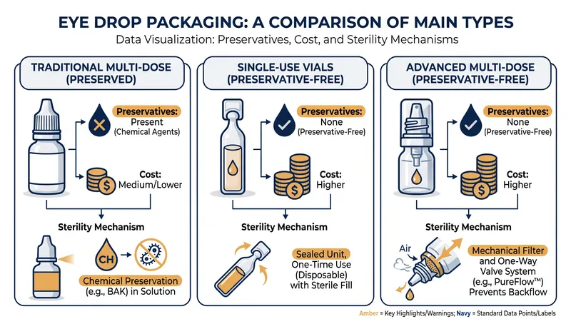Consumers face a trade-off between cost, convenience, and corneal health when selecting eye drop delivery systems.