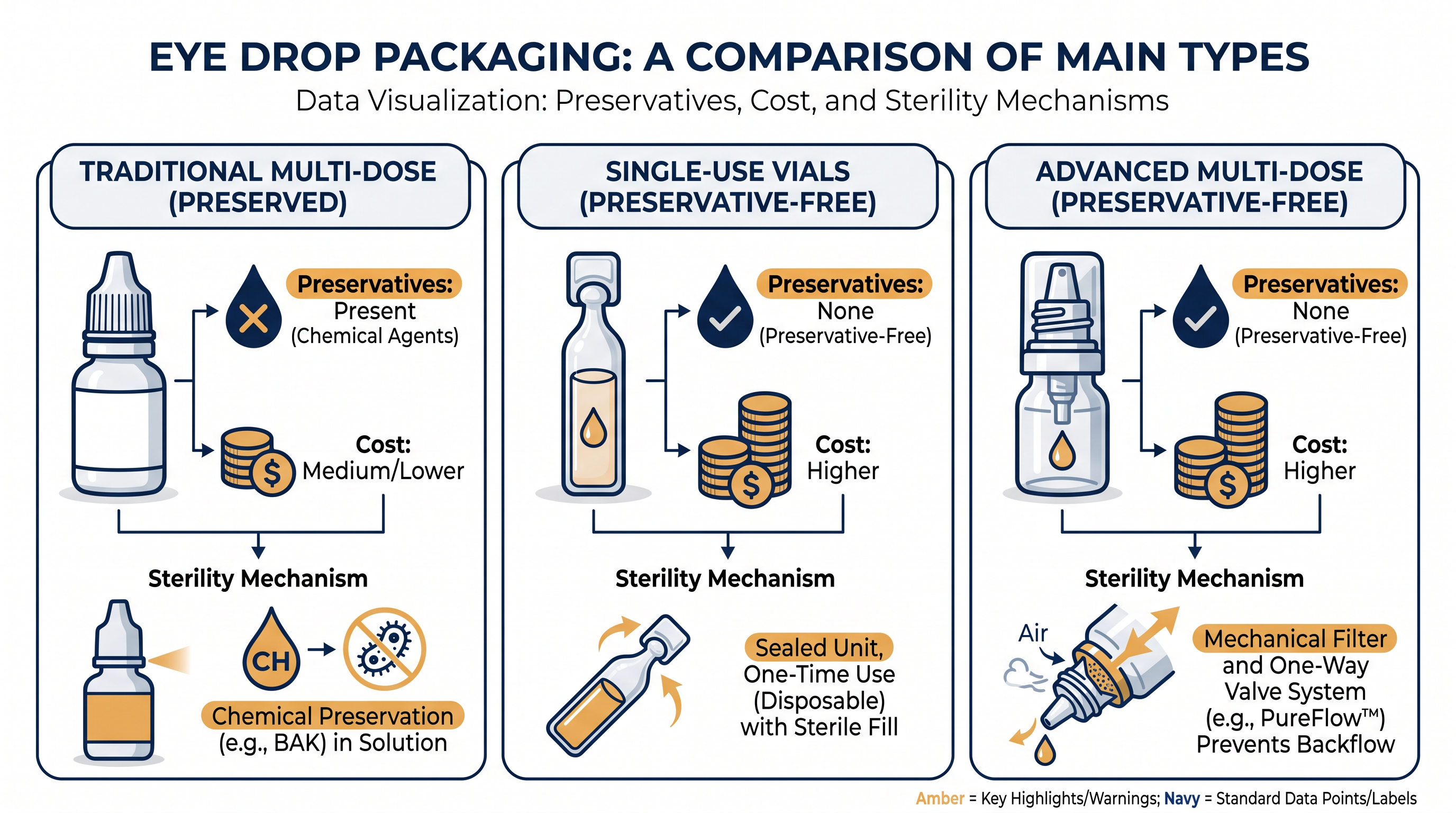 Consumers face a trade-off between cost, convenience, and corneal health when selecting eye drop delivery systems.