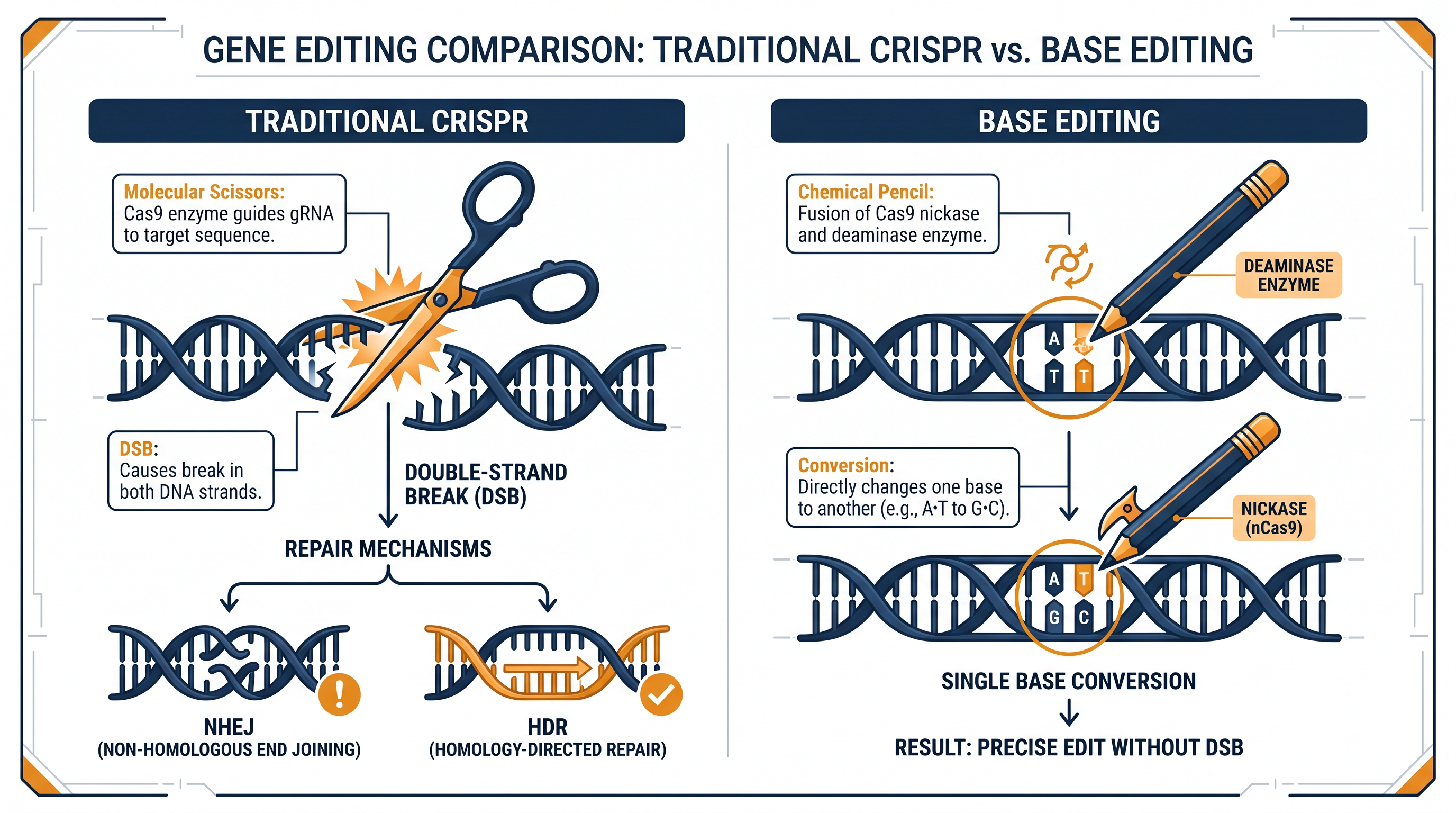 Unlike traditional CRISPR, which cuts the DNA double helix, base editing chemically converts a single genetic letter, reducing the risk of unintended mutations.
