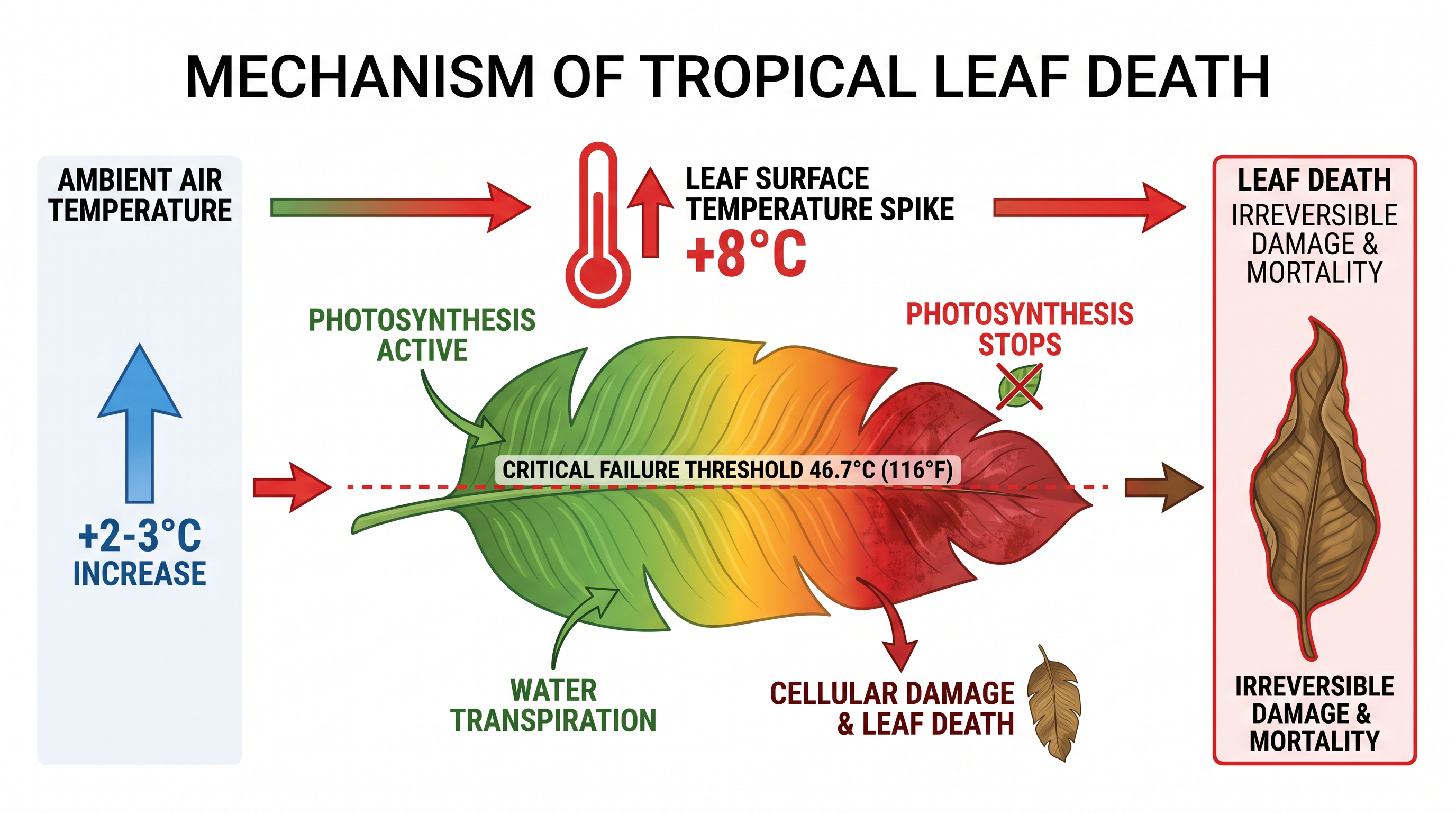 Because leaves warm faster than the surrounding air, small increases in ambient temperature can push canopy foliage past its thermal limit.