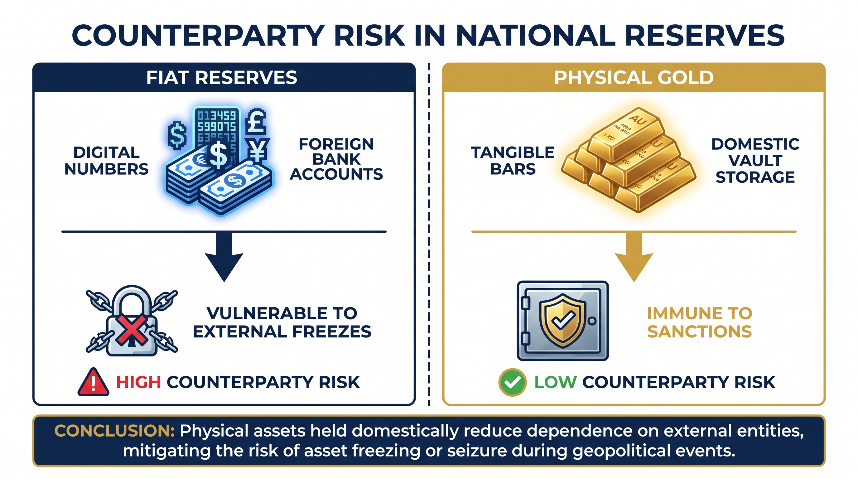 Unlike digital fiat reserves held abroad, physical gold stored domestically cannot be frozen by foreign governments.