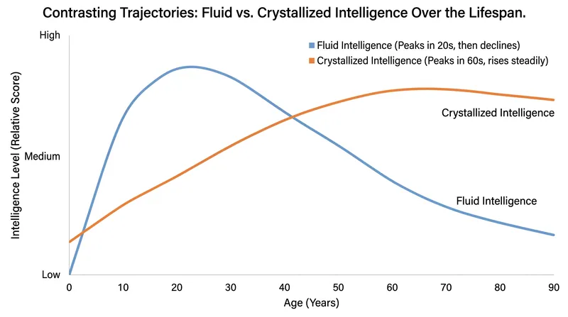 While fluid intelligence peaks early in adulthood, crystallized intelligence continues to grow for decades.