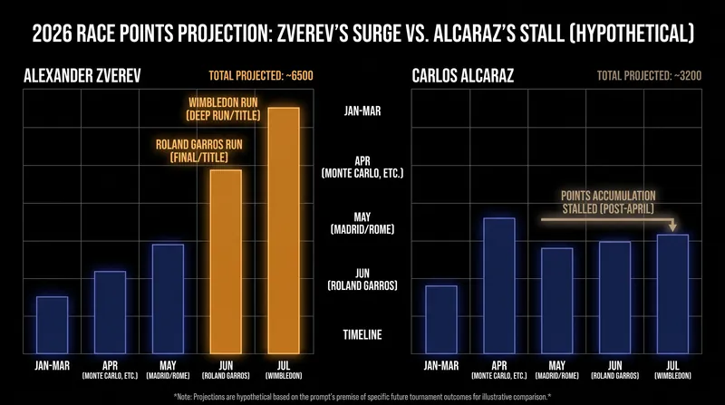 Zverev's deep runs at Roland Garros and Wimbledon account for the vast majority of his 2026 Race points.