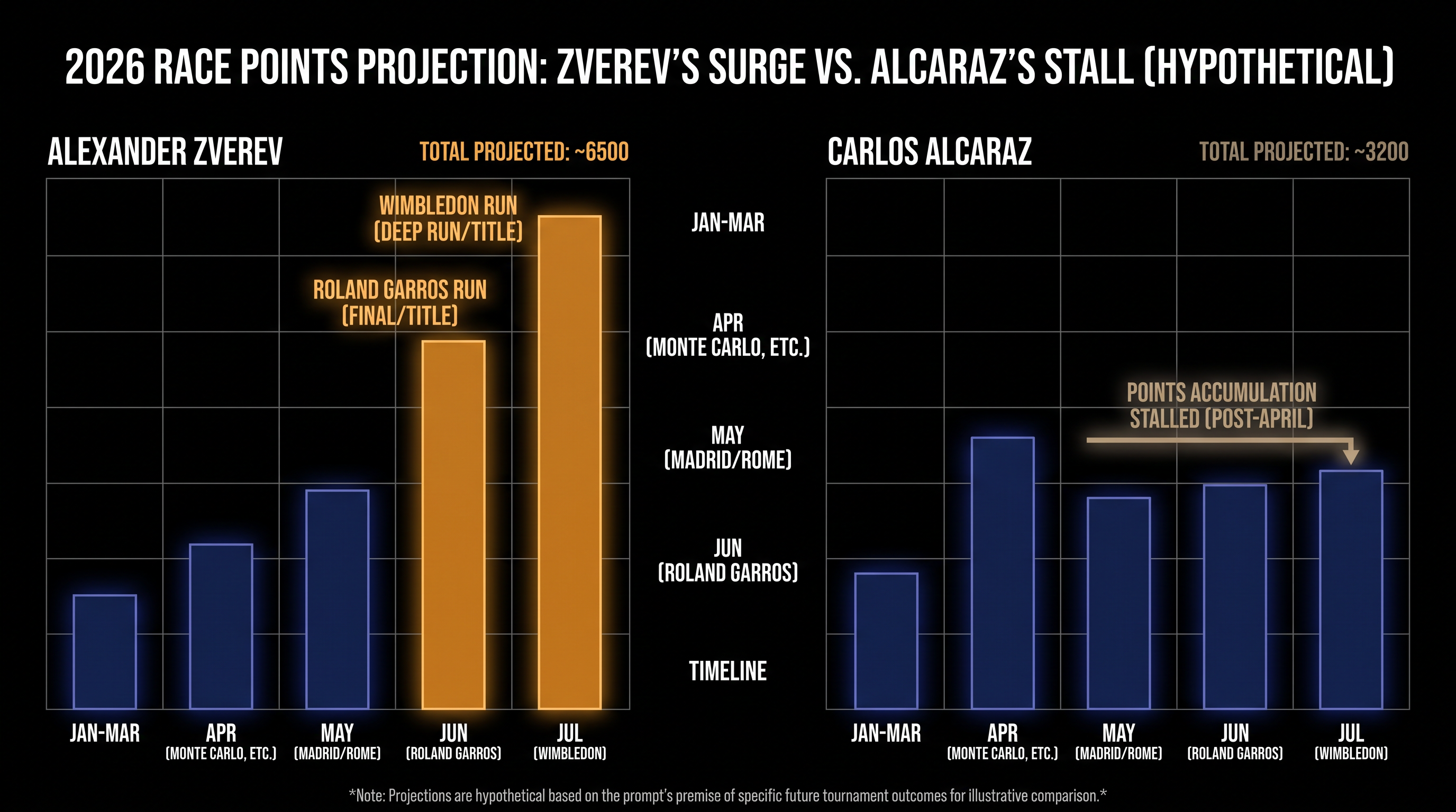 Zverev's deep runs at Roland Garros and Wimbledon account for the vast majority of his 2026 Race points.