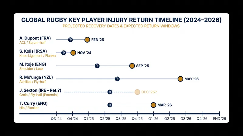 Expected return timelines for key sidelined players across international and domestic rugby.