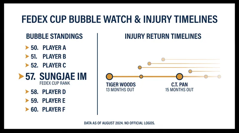 Key injury return timelines and FedEx Cup standings ahead of the playoffs.