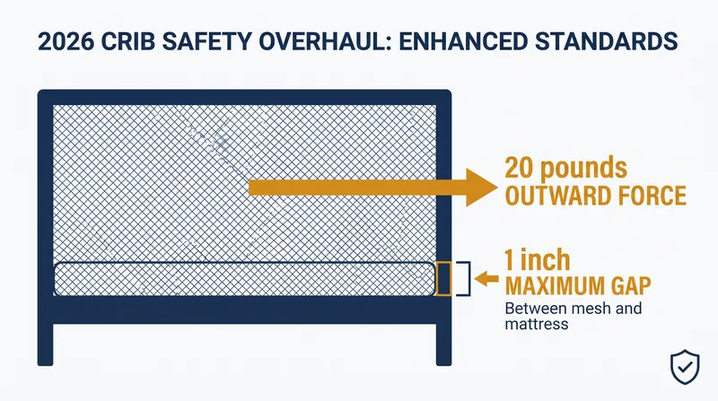Under the new standard, mesh sides must withstand 20 pounds of outward force without creating a gap larger than one inch.