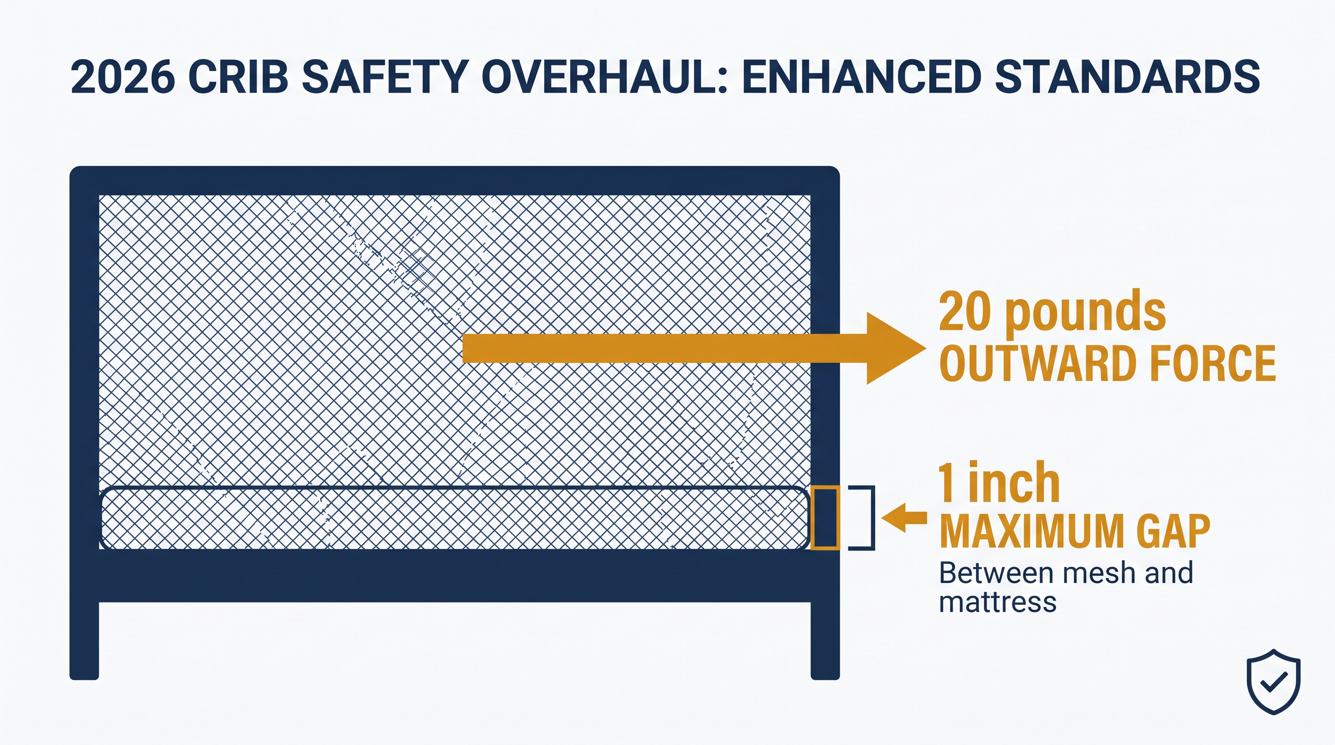 Under the new standard, mesh sides must withstand 20 pounds of outward force without creating a gap larger than one inch.