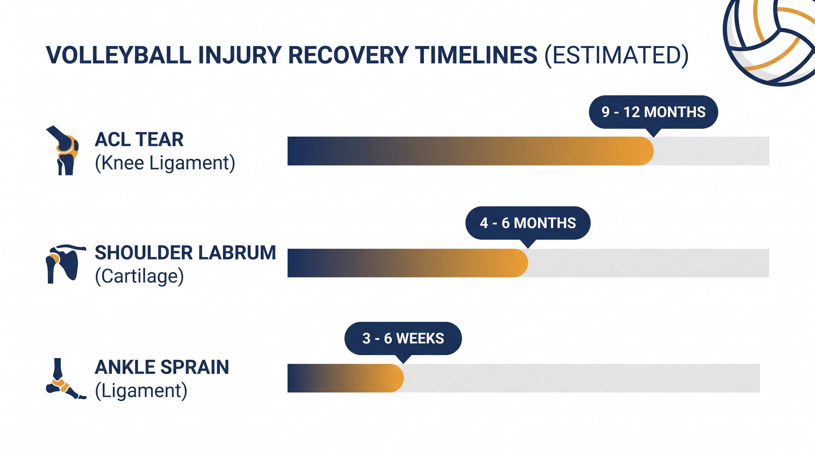 Average recovery timelines for severe volleyball injuries.