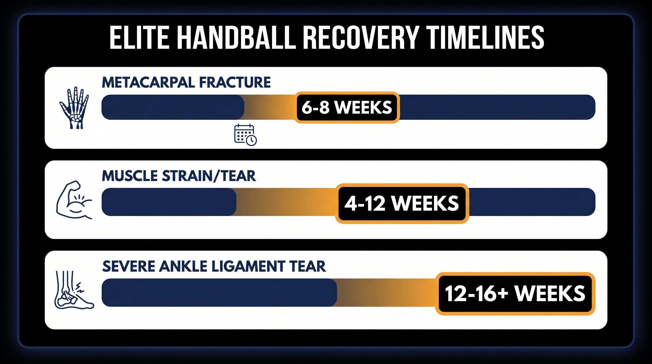 Estimated recovery timelines for common elite handball injuries.