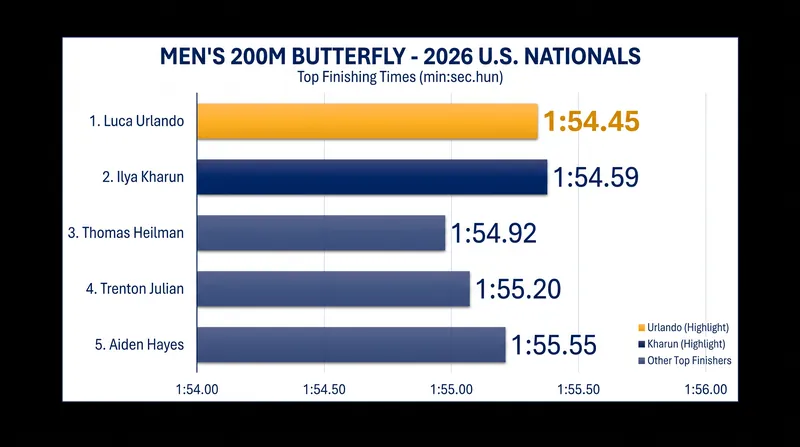 Top finishers in the Men's 200m Butterfly at the 2026 U.S. Nationals.