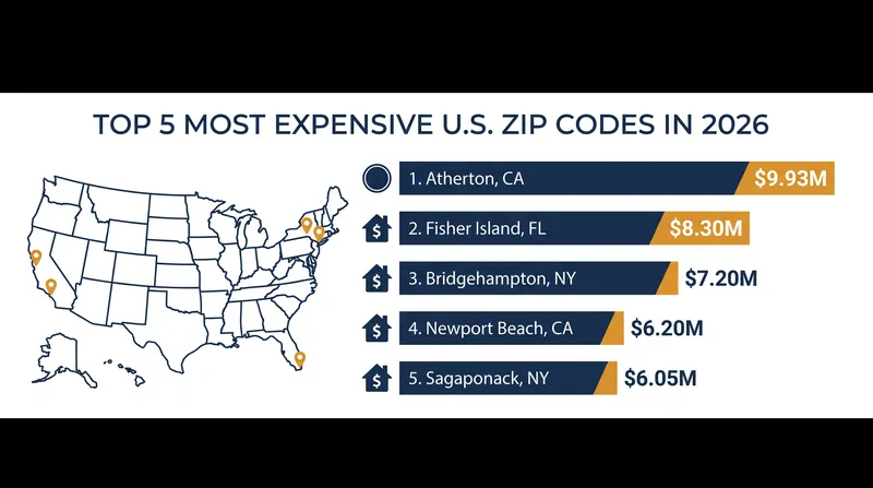 Atherton and Fisher Island maintain a significant lead over the rest of the country's most expensive real estate markets.