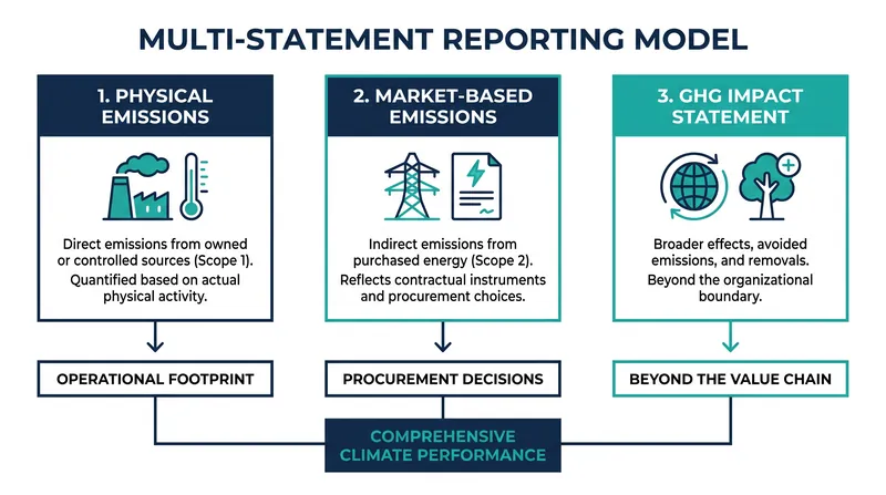 The proposed multi-statement model requires companies to separate physical operational emissions from market-based contractual instruments.