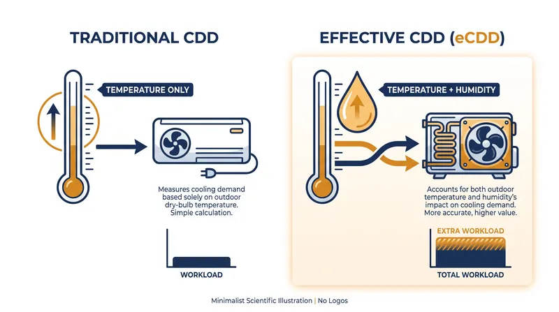 The eCDD framework accounts for the thermodynamic reality that cooling systems must expend energy to condense water vapor.