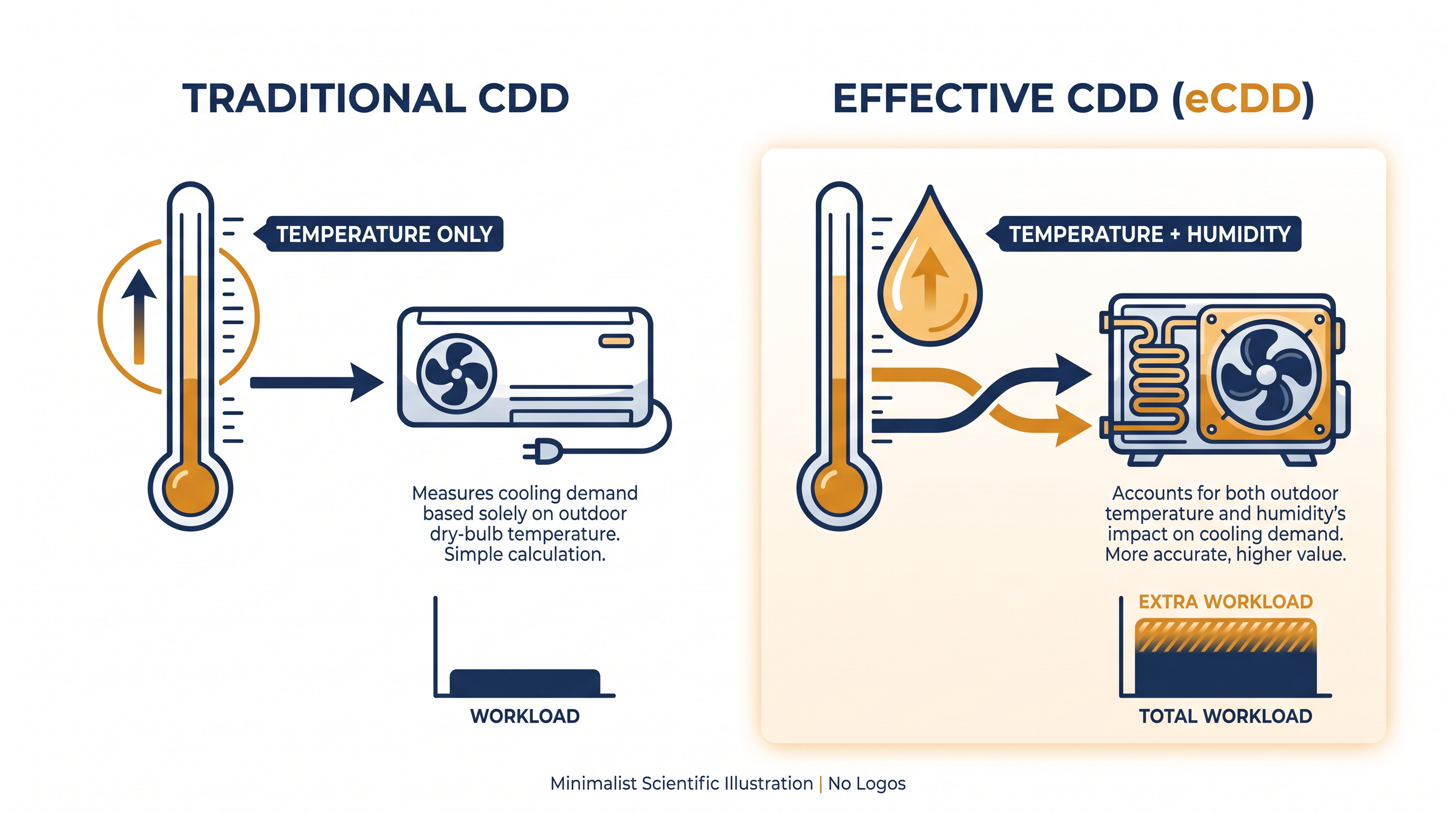 The eCDD framework accounts for the thermodynamic reality that cooling systems must expend energy to condense water vapor.