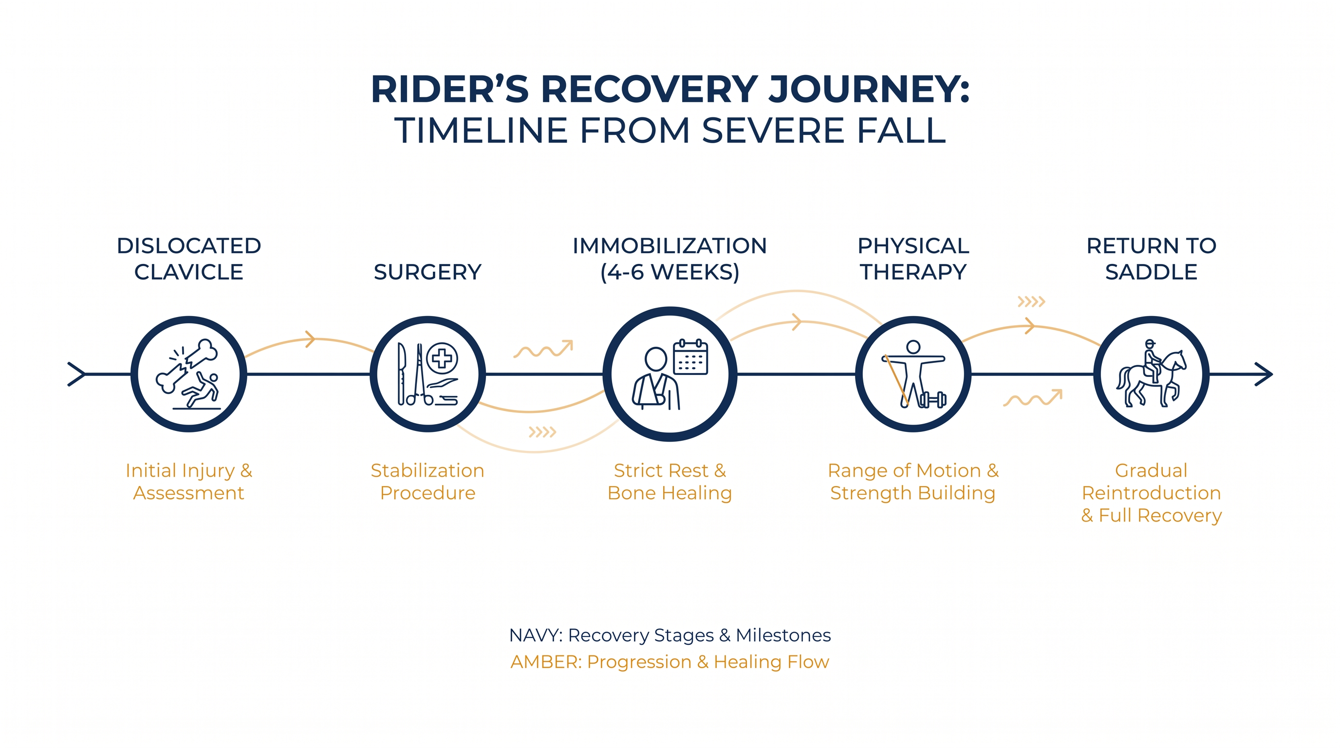 The typical recovery timeline for a rider returning from a severe collarbone or shoulder injury.
