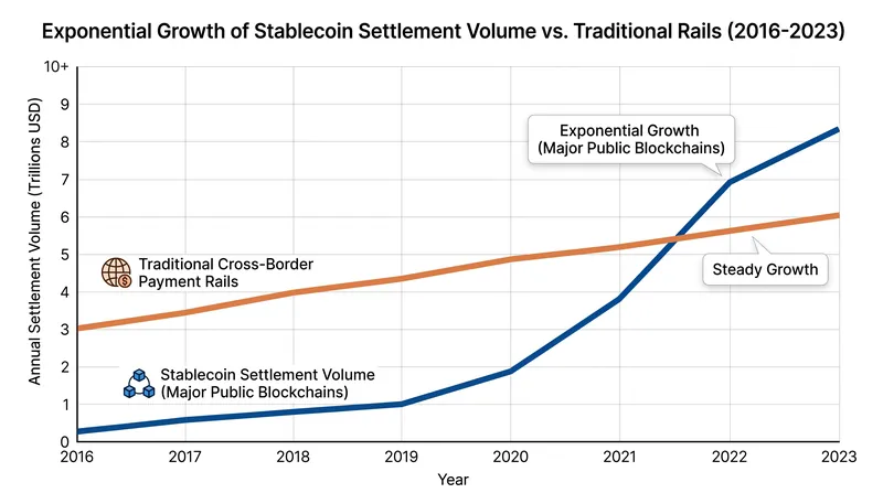 Stablecoin settlement volumes have surged as legacy processors integrate blockchain networks.