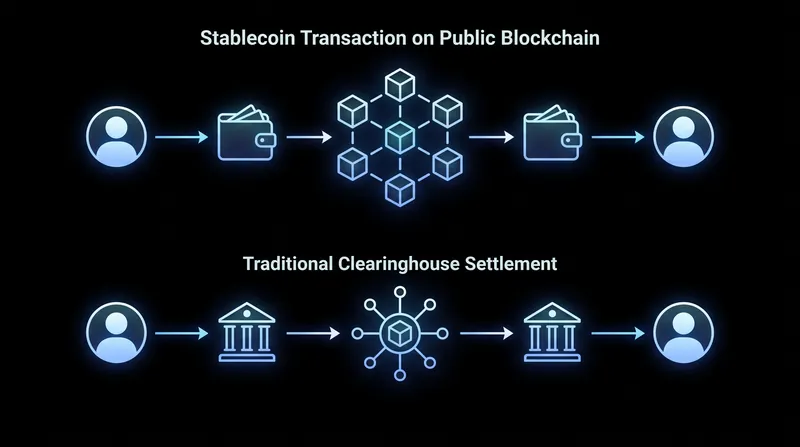 How blockchain settlement bypasses traditional banking intermediaries.