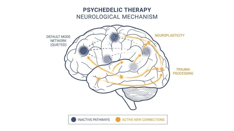 Psilocybin is believed to temporarily quiet the brain's default mode network, allowing patients to process trauma without overwhelming fear.