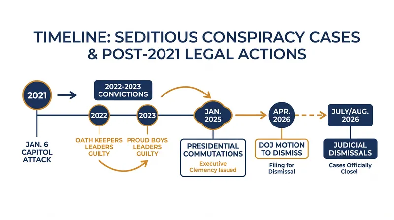 Timeline of the landmark seditious conspiracy prosecutions and their subsequent dismissal.