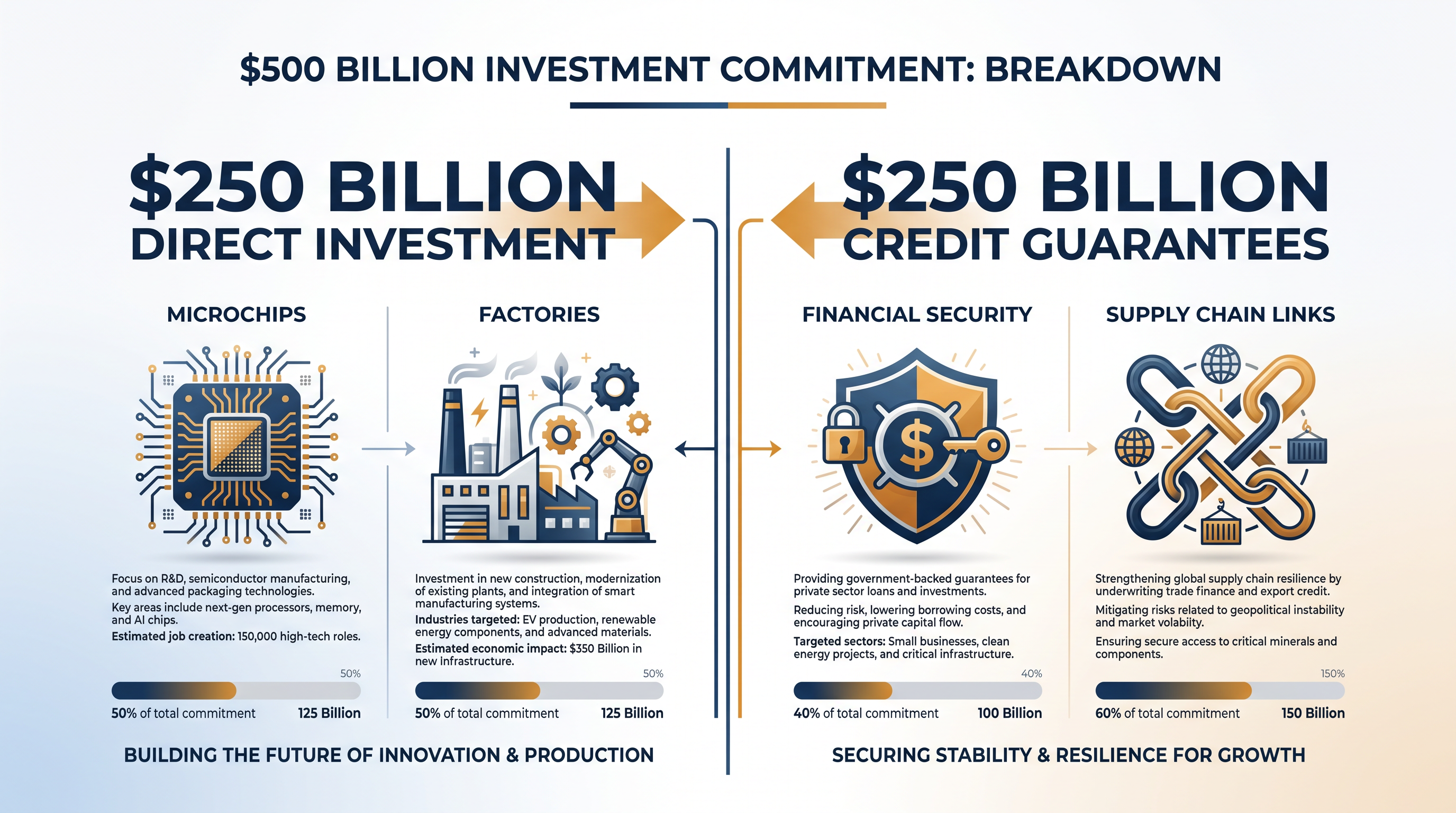 The agreement splits the half-trillion-dollar commitment equally between direct capital and government-backed credit.