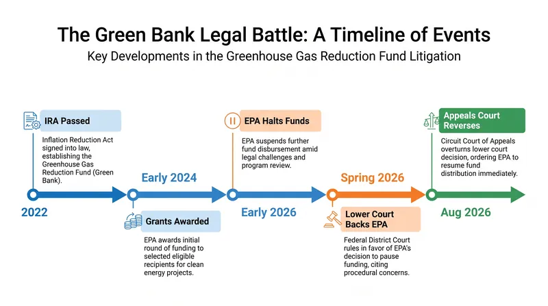 The timeline of the legal dispute over the Greenhouse Gas Reduction Fund.