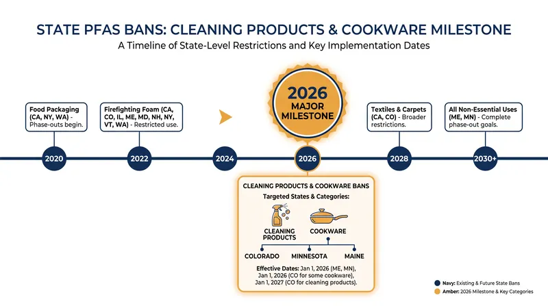 The timeline of state-level PFAS bans targeting consumer goods.