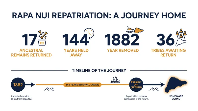 The timeline and scale of the Ivi Tupuna repatriation, from their removal in 1882 to their eventual return.