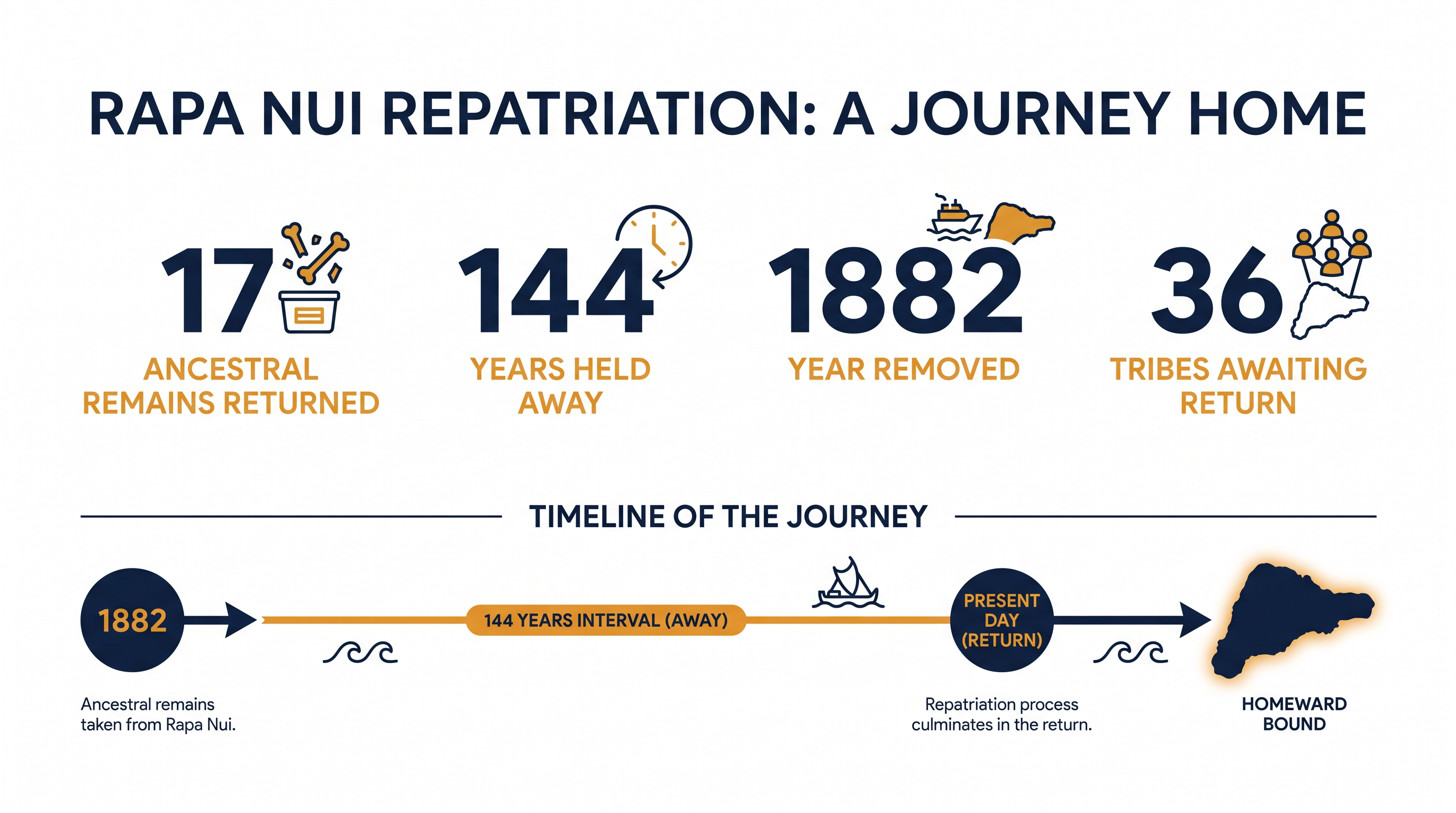 The timeline and scale of the Ivi Tupuna repatriation, from their removal in 1882 to their eventual return.