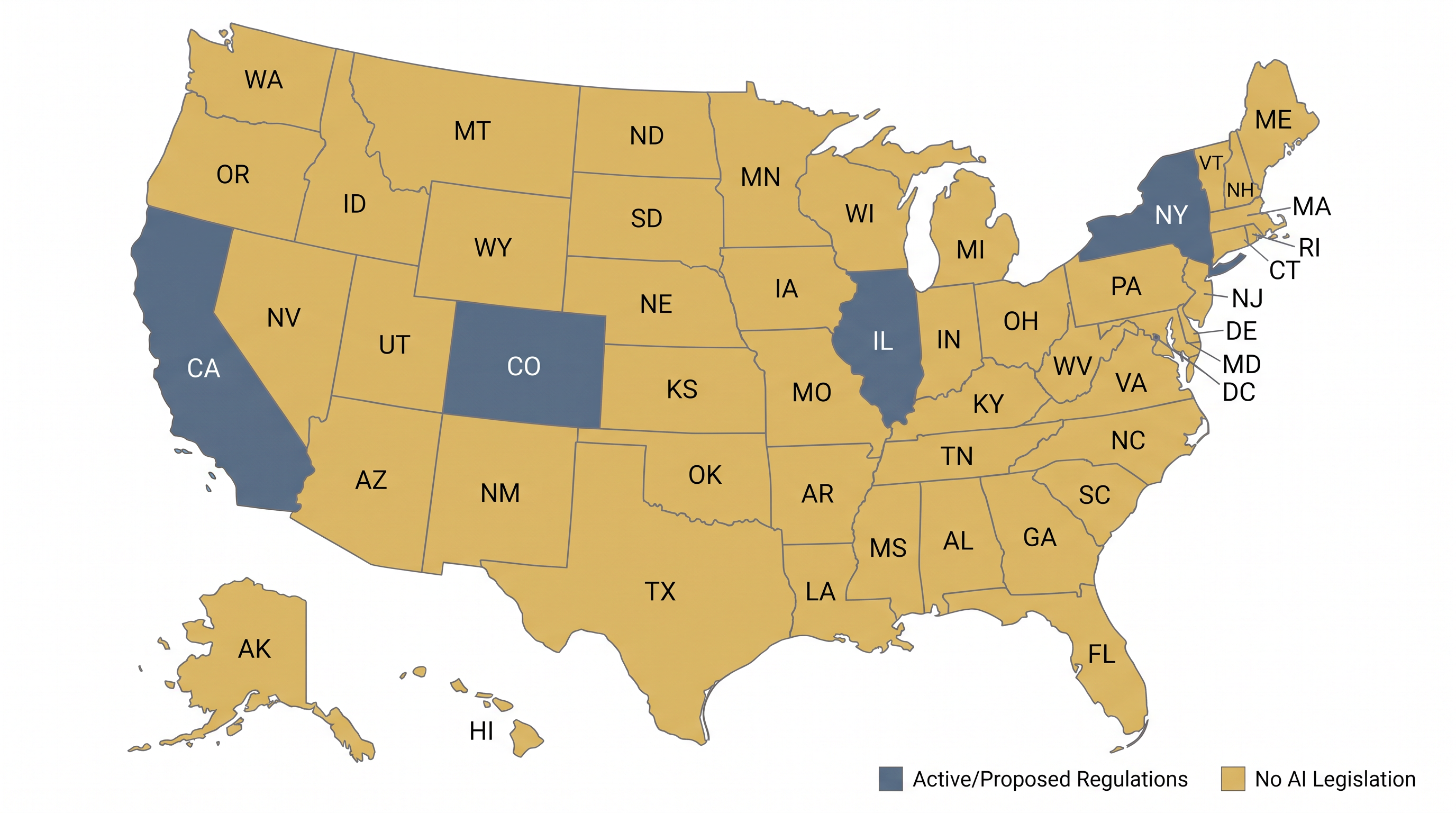 The patchwork of state-level AI regulations that the DOJ task force aims to dismantle.