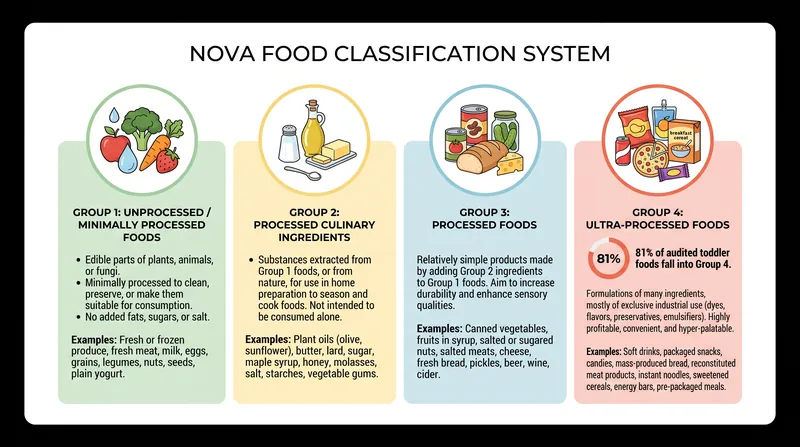 The NOVA classification system categorizes foods based on the extent of their industrial processing.
