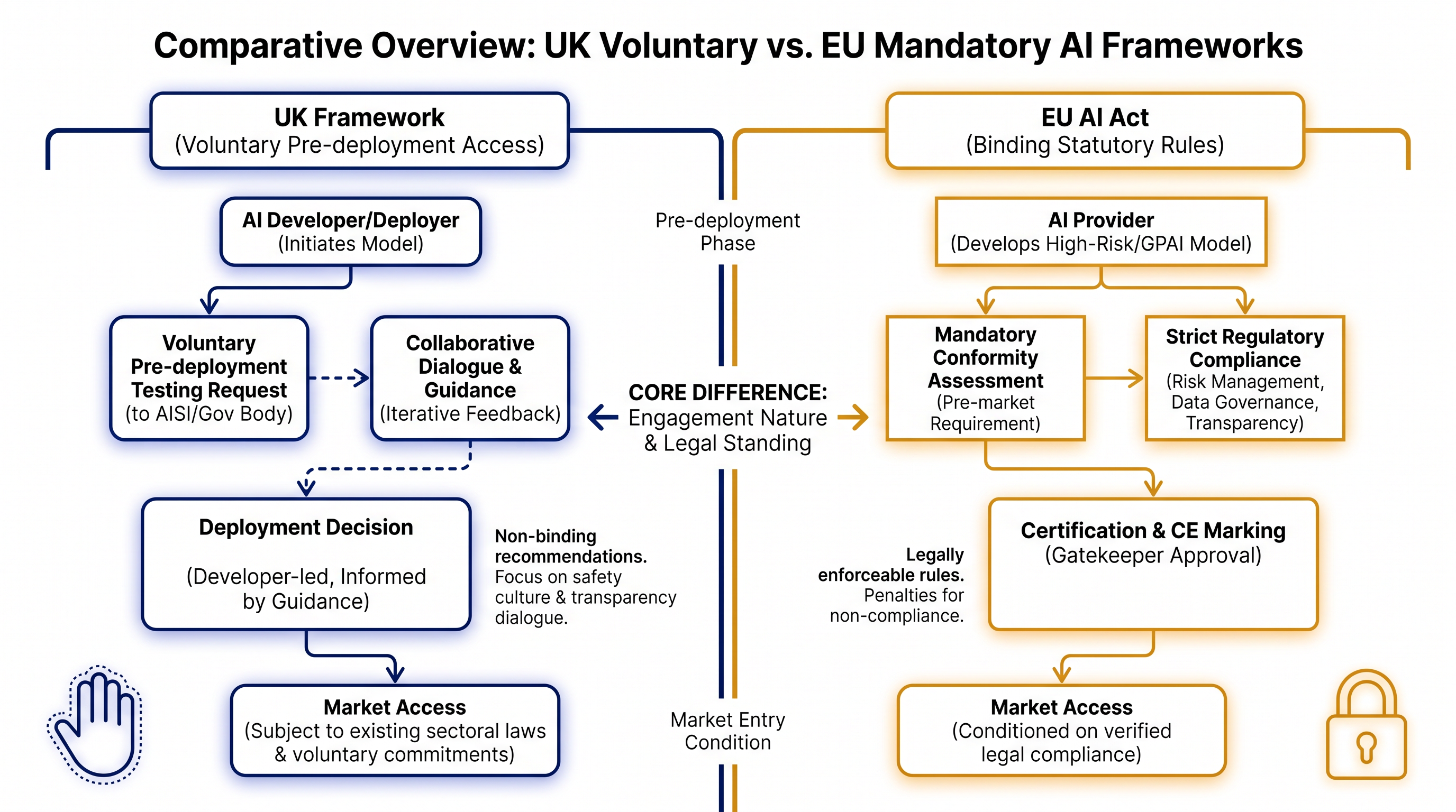 A comparison of the UK's current voluntary framework versus the EU's newly enacted mandatory rules.