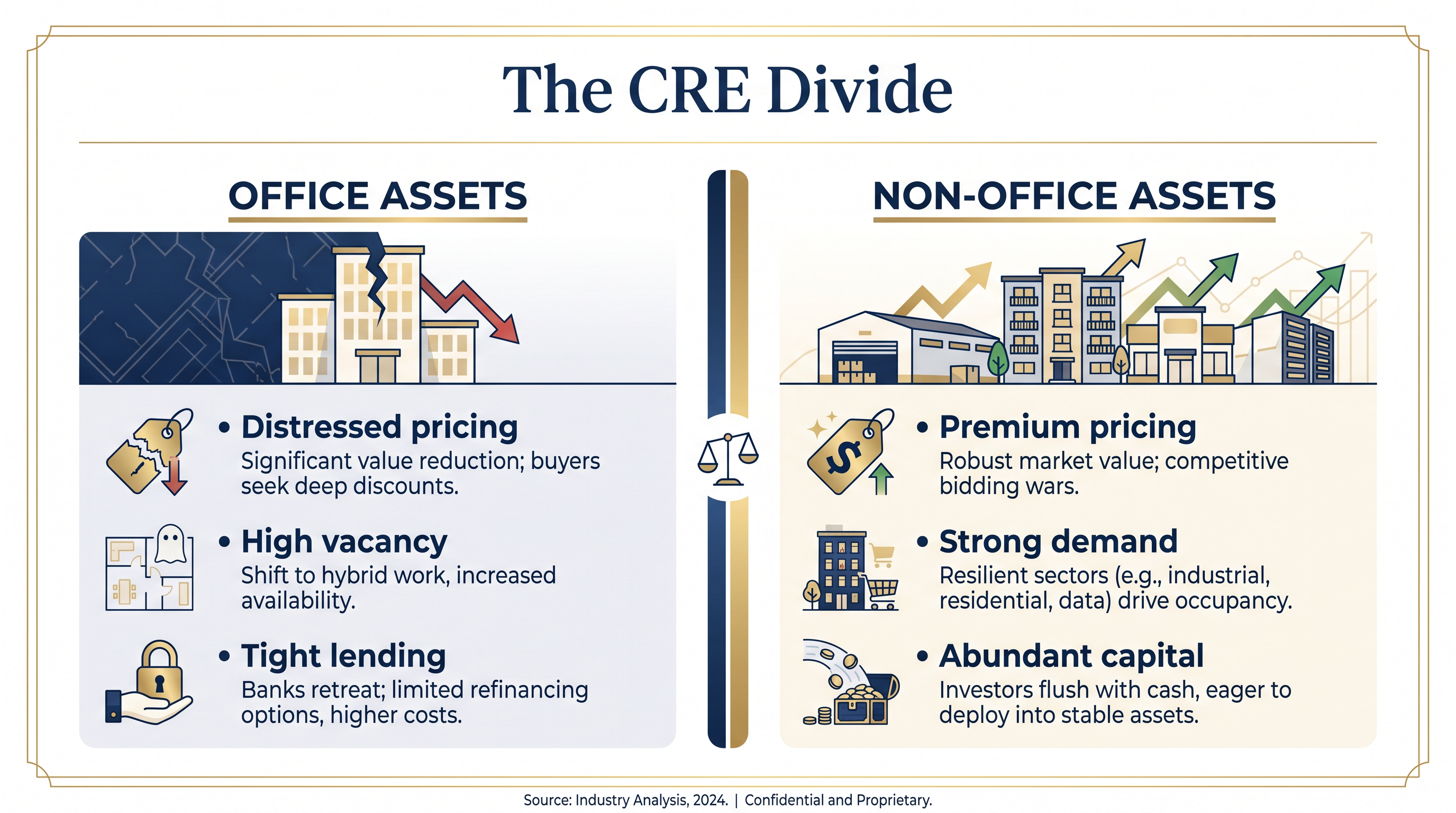 The strategic trade-offs between distressed office assets and premium non-office properties.