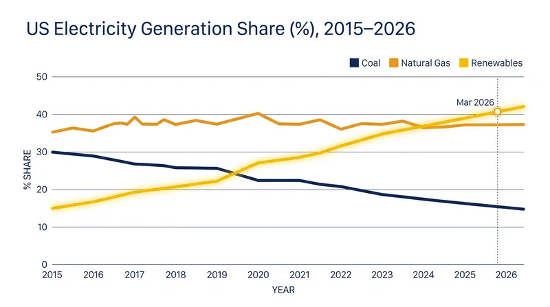 The historical crossover: Renewables eclipsed natural gas as the top electricity source in March 2026.