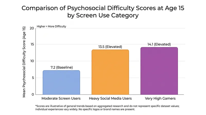 At age 15, only 'very high' video game use was consistently linked to elevated psychosocial difficulties.
