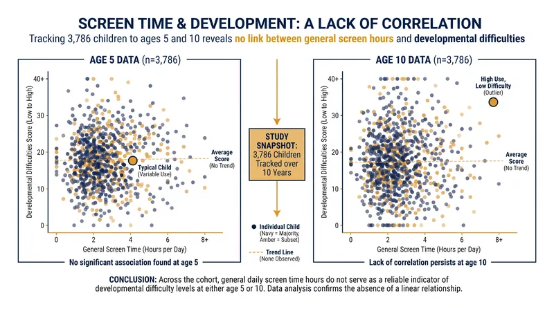 When adjusting for family dynamics, researchers found no significant developmental delays linked to screen time at ages 5 or 10.