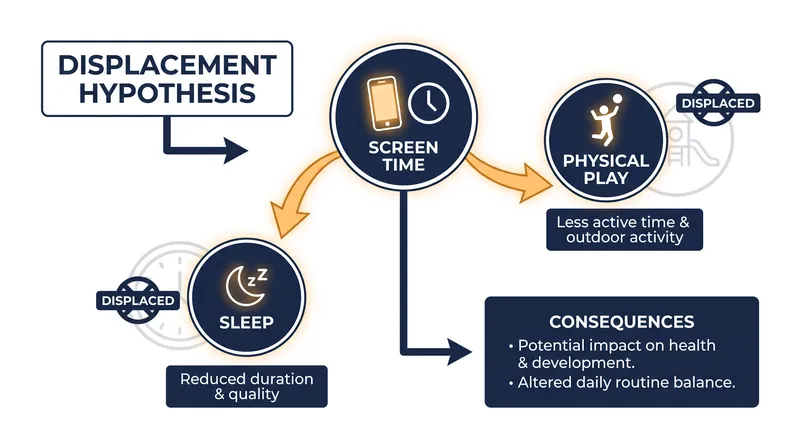 The Displacement Hypothesis argues that screens cause harm primarily when they replace essential activities like sleep and exercise.