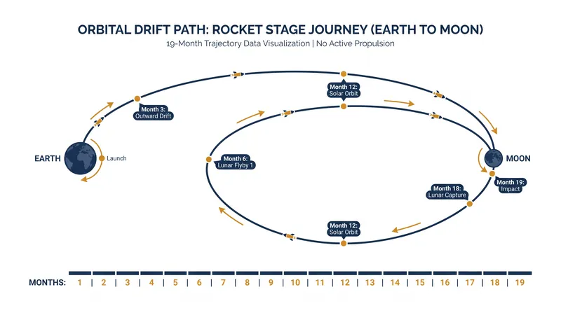 The rocket stage drifted in cislunar space for 19 months before its orbit intersected with the Moon.